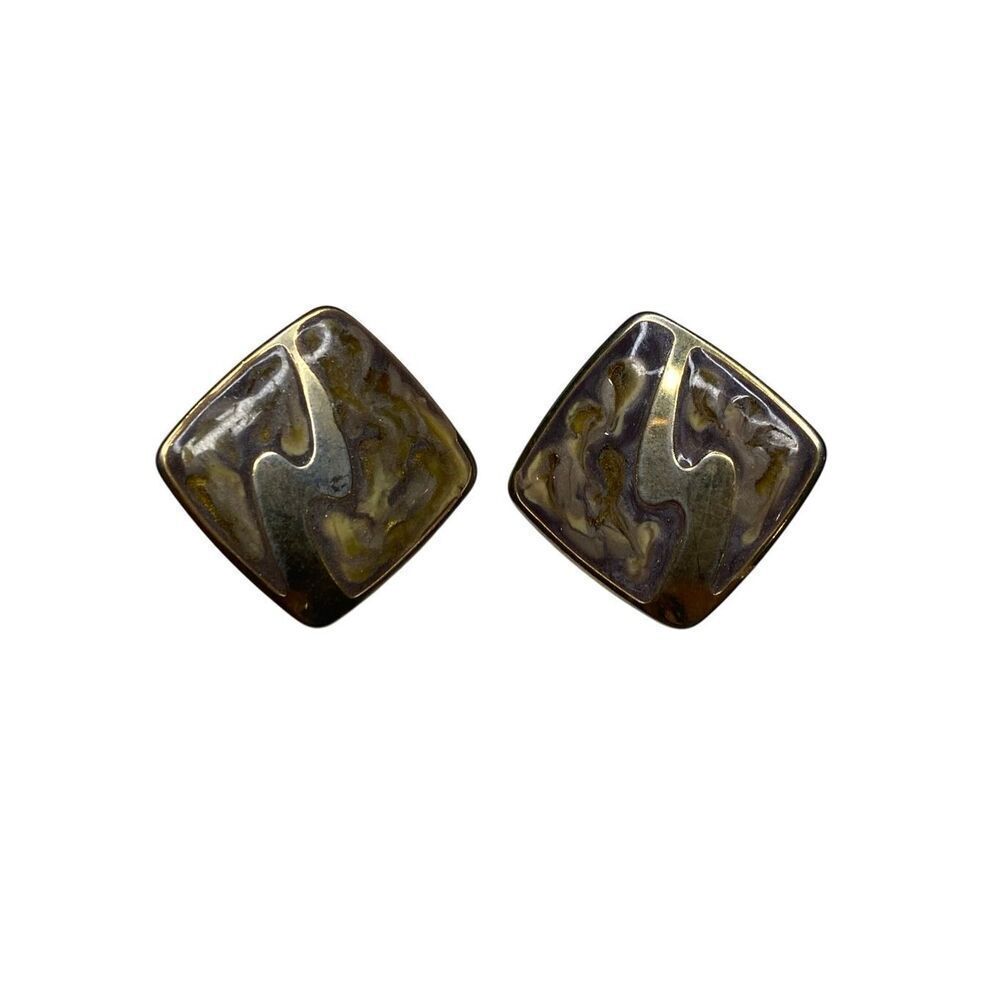 Vintage Abstract Enamel Square Post Earrings Gold Tone Brown Retro Art Style